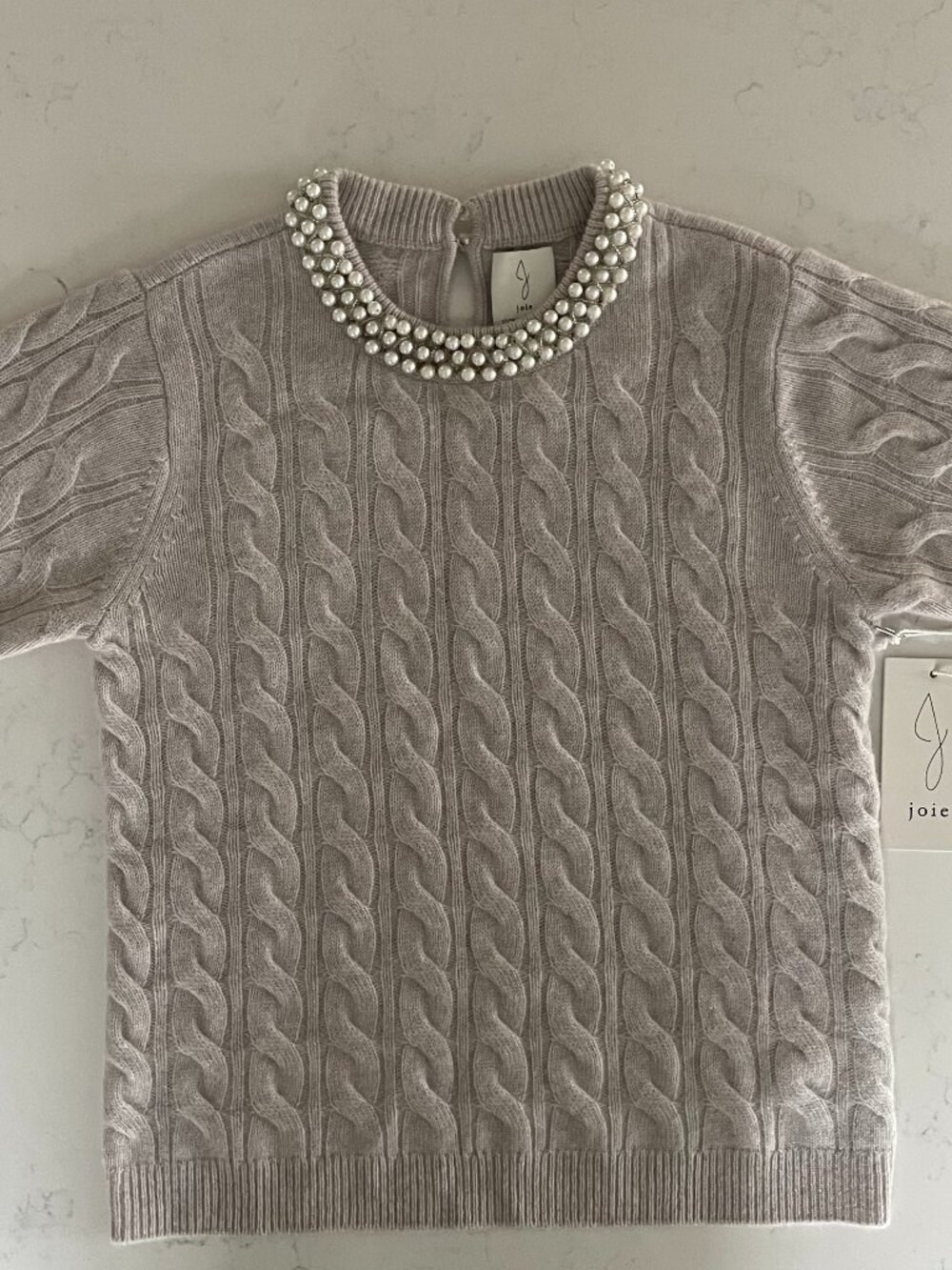Joie SS Beaded Crew Neck Cable Knit Luxe 100% Cashmere Sweater Light Grey XS